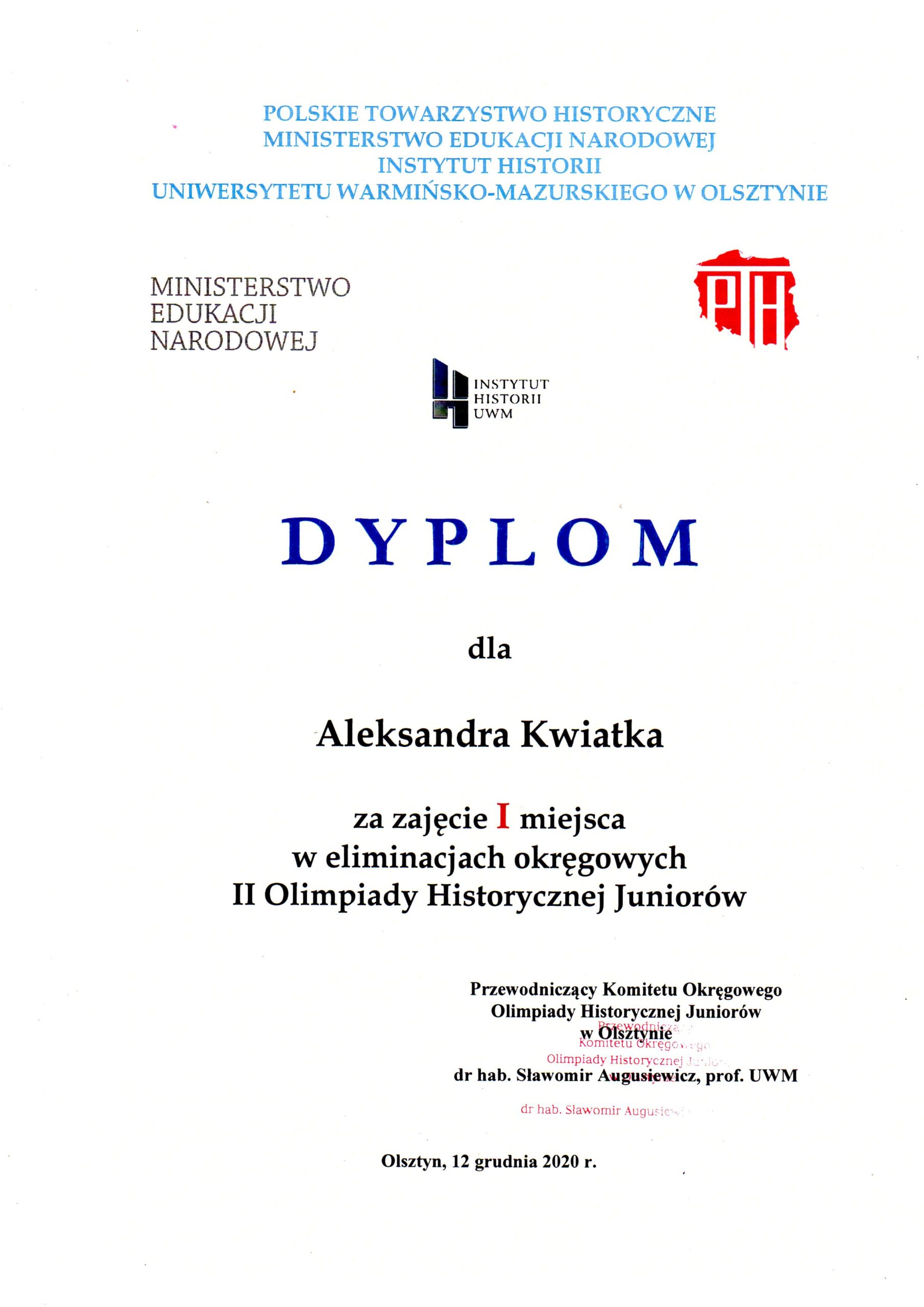 Skan dyplomu za zajęcie I miejsca w Olimpiadzie Historycznej przez ucznia Szkoły Podstawowej nr 18 w Olsztynie Aleksandra Kwiatka