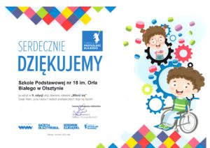 Podziękowania dla szkoły za udział w 9. edycji akcji zbierania nakrętek "Wkręć się" Fundacji Przyszłość dla Dzieci
