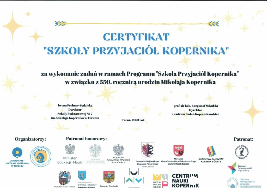Certyfikat szkoły przyjaciół Kopernika