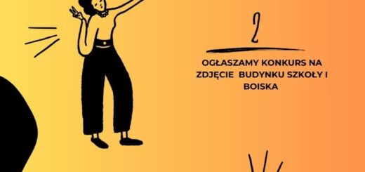 Na pomarańczowym tle czarnym drukiem opisano zasady konkursu. Na plakacie widnieją 4 czarne postacie ludzkie robiące sobie zdjęcia.