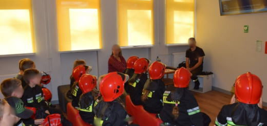 Dzieci ubrane w kombinezony strażackie słuchają wykładu Pana Strażaka w sali Ognik 