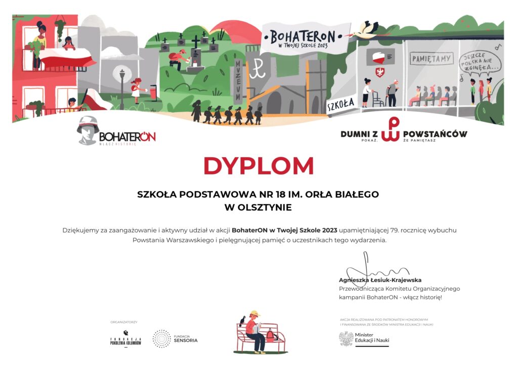 Na zdjęciu dyplom Bohaterom. Akcja BohaterON w twojej szkole 2023.