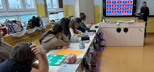 Uczniowie siedzą przy ławkach słuchają osoby referującej stojącej przy tablicy.