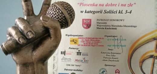 Na zdjęciu stoi statuetka jest to ręka trzymająca mikrofon . Za nią stoi dyplom .