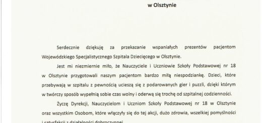 Podziękowanie za przekazanie małym pacjentom Wojewódzkiego Specjalistycznego Szpitala Dziecięcego im. prof. dr Stanisława Popowskiego w Olsztynie gry planszowe oraz puzzle.