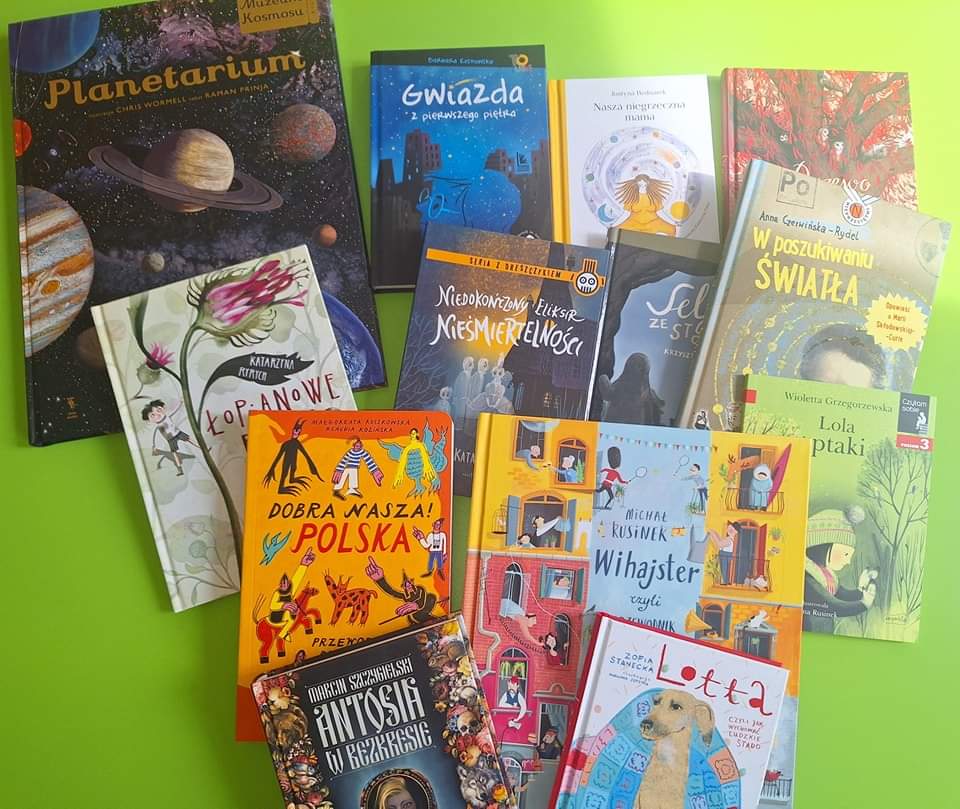 na zdjęciu znajdują się różnokolorowe książki, które szkoła otrzymała za udział w programie
