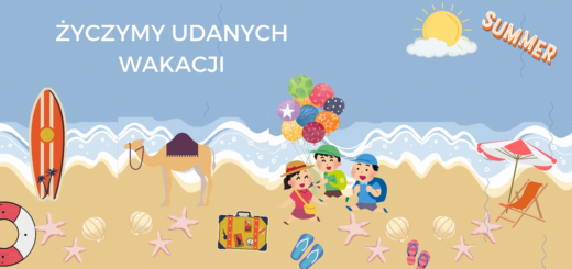 Na zdjęciu dzieci na plaży z balonami. Tekst "Życzymy udanych wakacji".