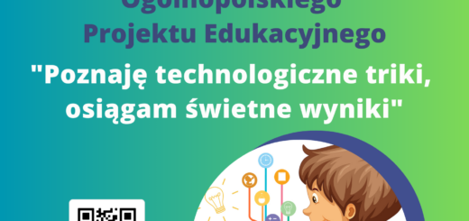 Na plakacie na zielonym tle znajduje się postać chłopca korzystającego z komputera, Powyżej znajduje się informacja udziale naszej szkoły w tym projekcie.