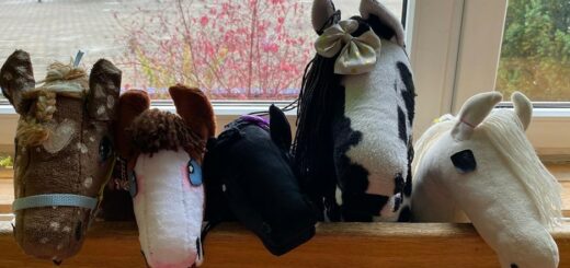 Cztery Hobby Horse zostały zawieszone na parapecie. W tle okno.