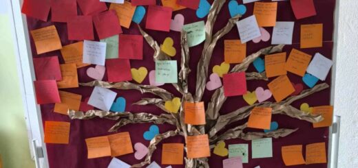 Na tablicy przyczepione zostało brązowe papierowe drzewo do którego dzieci doczepiły karteczki ze swoimi dobrymi czynnościami