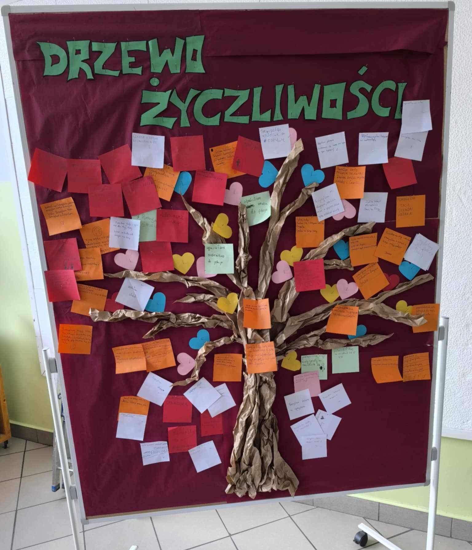 Na tablicy przyczepione zostało brązowe papierowe drzewo do którego dzieci doczepiły karteczki ze swoimi dobrymi czynnościami