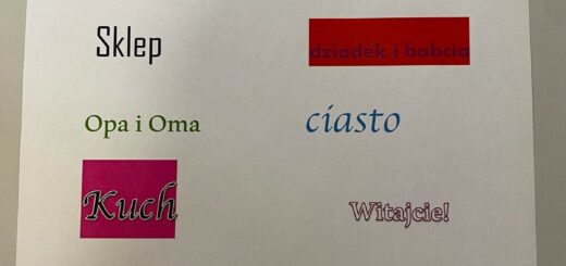na papierze wydrukowane zostały wyrazy w gwarze warmińskiej np. kuch, oma, gburstwo