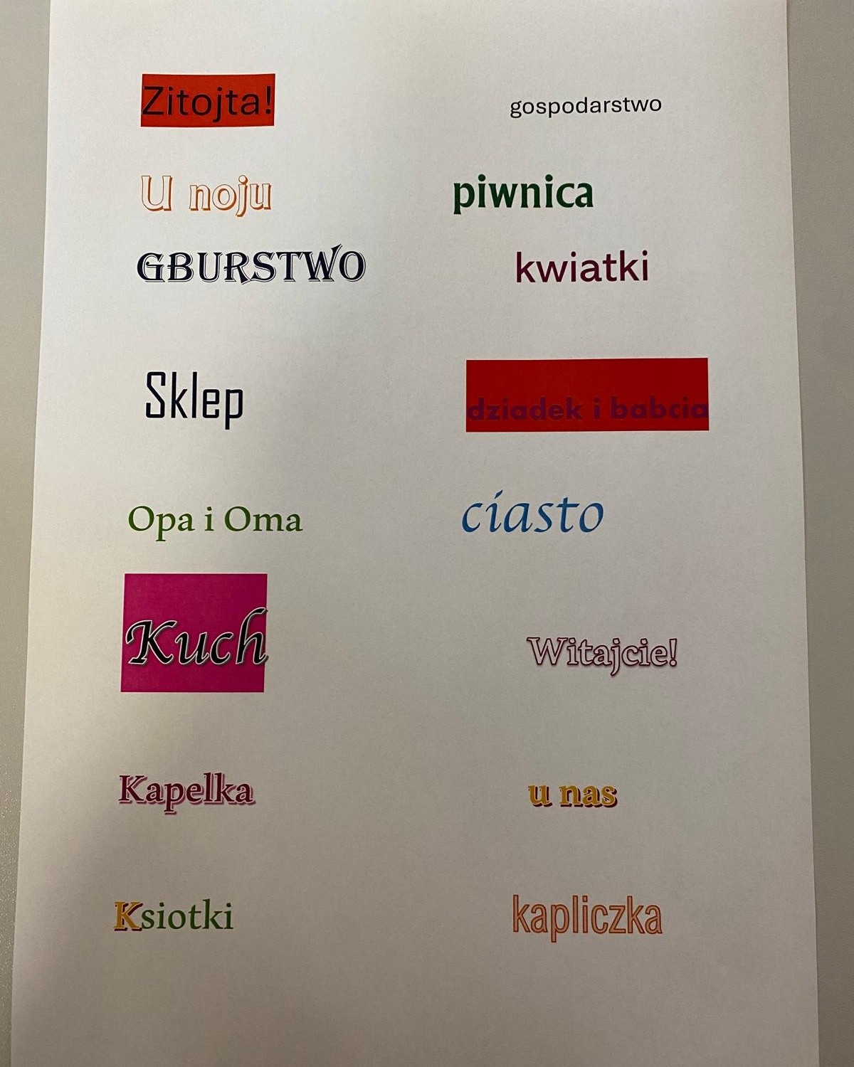 na papierze wydrukowane zostały wyrazy w gwarze warmińskiej np. kuch, oma, gburstwo