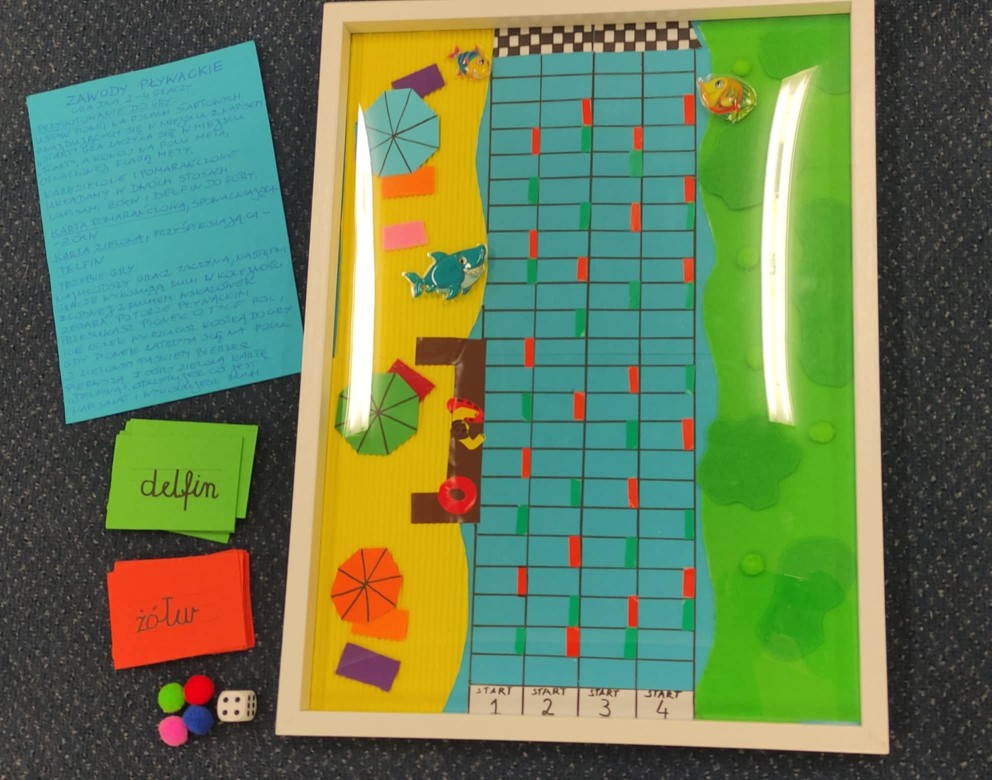 Centralnie na zdjęciu znajduje się ręcznie wykonana plansza do gry w trzech kolorach-  żółtym,  zieleni i niebieskim. obok leżą kolorowe kartoniki, pionki, kostka do gry i instrukcja gry.