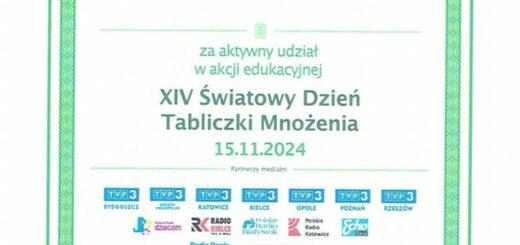 Dyplom uznania za aktywny udział a akcji edukacyjnej XIV Światowy Dzień Tabliczki Mnożenia.