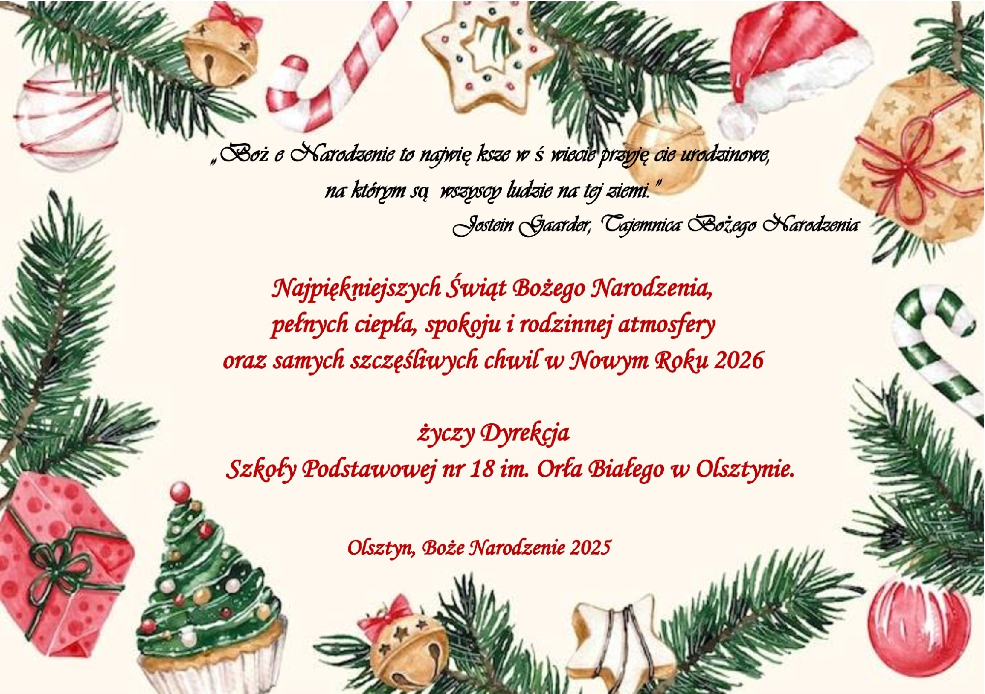 Świąteczne życzenia Bożego Narodzenia 2025 Szkoły Podstawowej nr 18 im. Orła Białego w Olsztynie – kartka z motywami świątecznymi