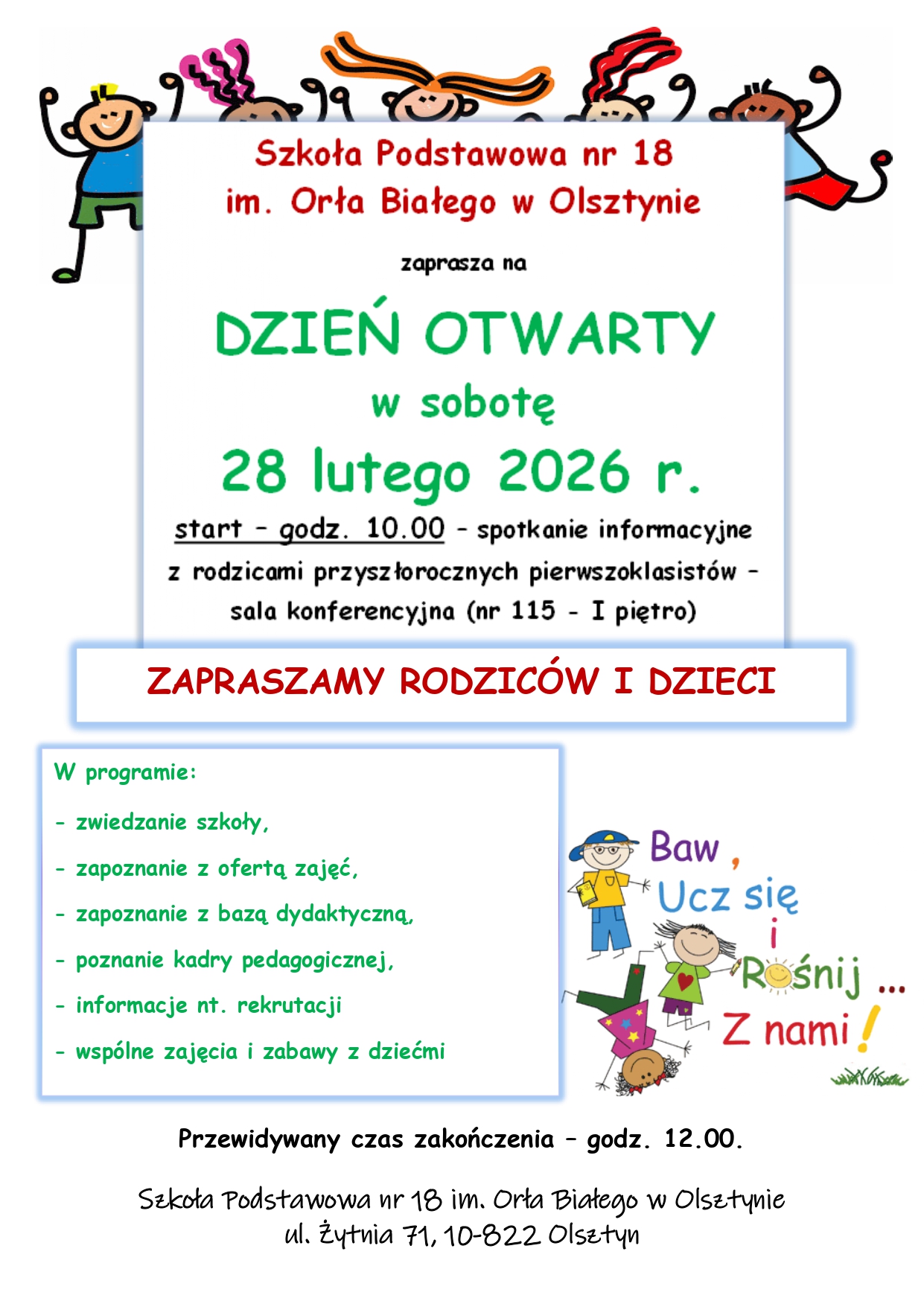 Plakat Dnia Otwartego Szkoły Podstawowej nr 18 im. Orła Białego w Olsztynie
